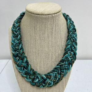 Braided Necklace Blue Beaded Gold Tone‎ Chain Weave Statement Chunky